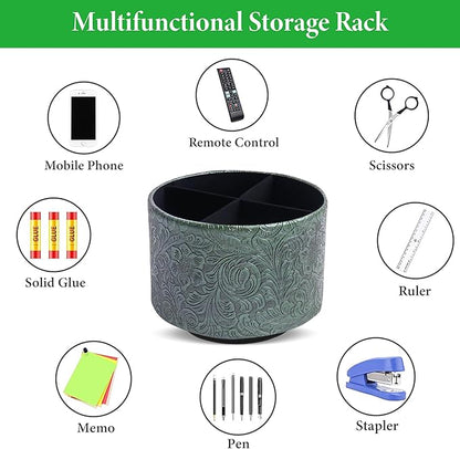 lizimandu Round Leather Art Supply Organizer,Remote Control Holder,360 Degree Spinning,Multi-Functional Pencil Holder,4 Compartments Desktop Stationary Organizer(1-Carved Metal Green1)