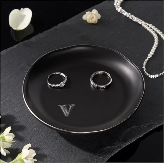 Lolalet Handmade Ceramic Ring Dish Jewelry Tray Plate with Initial, Small Monogram Gift for Her Women Girls Mother, Hostess, Engagement, Bridal Shower, Maid of Honor, Bridesmaid, Birthday, Christmas