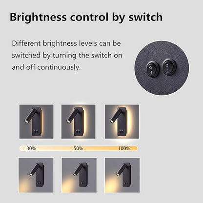 Wall Mounted Reading Light Set of 2, LED Headboard Reading Lamp with 3 Dimming，Bedside Wall Lamps with Plug in Cord, 350° Rotation Sconces Wall Lighting, 3W Spotlight+6W Backlight (Black)
