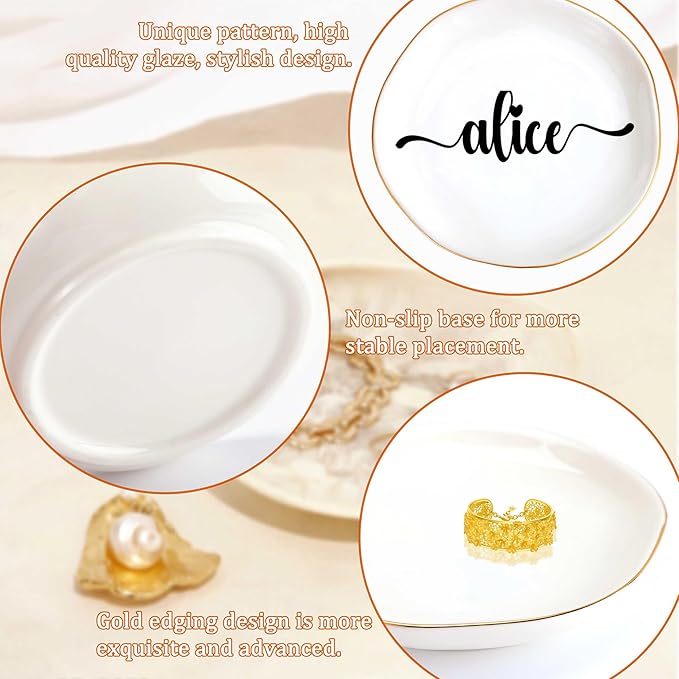 JoycuFF Alice Personalized Name Ceramic Jewelry Tray, Mothers Day Christmas Anniversary Engagement Birthday Gifts for Women Couples, Trinket Dish for Rings Earrings Necklaces Bracelets Keys