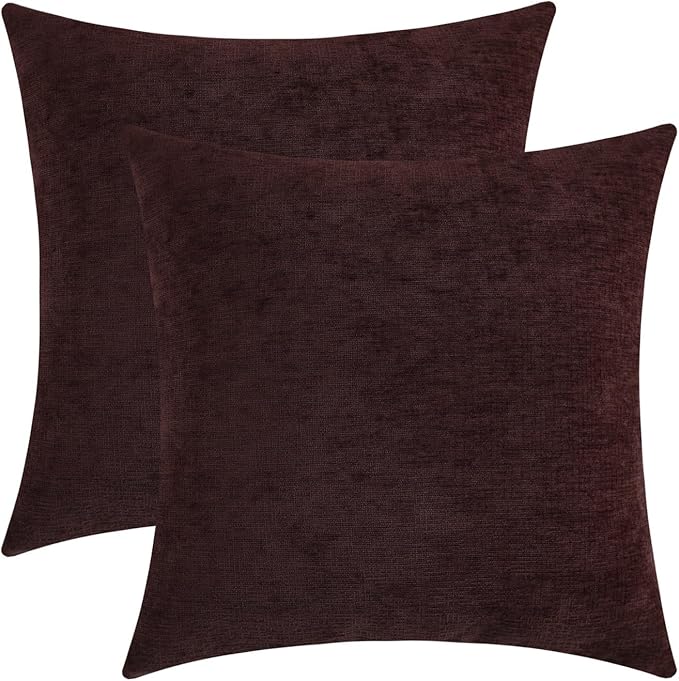 Plum Purple Chenille Decorative Couch Throw Pillow Covers, Soft Cushion Cases for Home Livingroom Sofa Décor, Pack of 2, 18 x 18 Inches