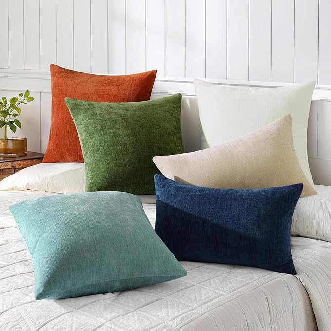 decorUhome Chenille Beige Spring Throw Pillow Covers 18x18 Inch Set of 2, Decorative Soft Couch Pillow Covers Solid Dyed Accent Farmhouse Neutral Square Pillow Cases for Sofa