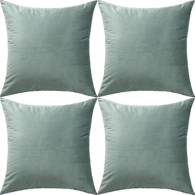 Artaimee Velvet Throw Pillow Covers 18x18 Inches - Set of 4, Grey Green, Soft & Cozy Decorative Cushion Covers for Sofa, Bed, Couch, Office & Car – Hidden Zipper, Machine Washable