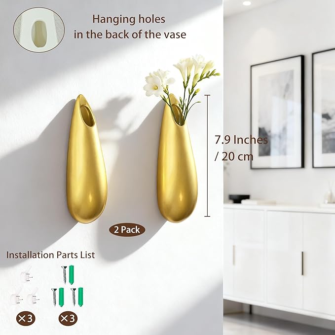 Sculptural Wall Ceramic Vase — 2 Pack Gold Hanging Sconce Vase | Turn Flowers into Art — Decorative Ceramic Wall Sconce for Single Stem Displays