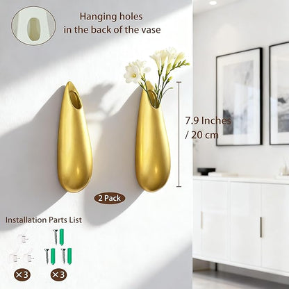 Sculptural Wall Ceramic Vase — 2 Pack Gold Hanging Sconce Vase | Turn Flowers into Art — Decorative Ceramic Wall Sconce for Single Stem Displays