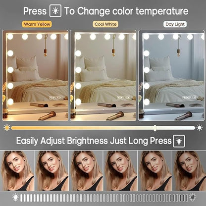 Fenair Vanity Mirror with Lights and Speaker Hollywood Speaker Support Answer Call, Touch Screen, 3 Color Modes Tabletop 15 Dimmable Bulbs