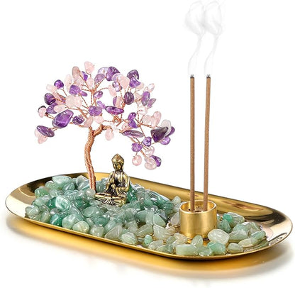 Jovivi Crystal Incense Holder for Sticks, Mixed Healing Crystal Stone Money Tree Buddha Statue Set Incense Burner, Incense Trays for Wealth, Good Luck,Yoga Meditation Home Decor