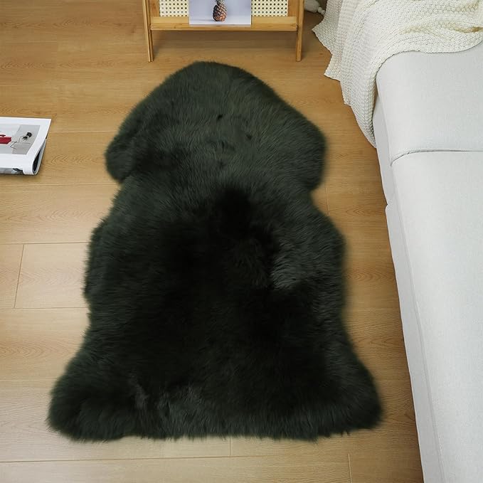 Genuine Sheepskin Rug New Zealand Fluffy Lambskin Rug, Natural Luxury Sheepskin Throw for Bedroom Living Room Children's Room - Premium Area Rug Chair Cover (2×3 Feet, Forest Green)