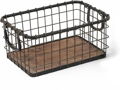 13.8" Wide Rectangular Sturdy Hand Welded Farmhouse Metal Wire Basket with Rustic Wooden Bottom For Shelves, Closet Storage Bins for Shelves. Also For Laundry, Towel, Spice Rack, Tool Box (14"x9")