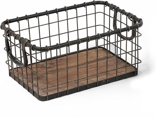 13.8" Wide Rectangular Sturdy Hand Welded Farmhouse Metal Wire Basket with Rustic Wooden Bottom For Shelves, Closet Storage Bins for Shelves. Also For Laundry, Towel, Spice Rack, Tool Box (14"x9")