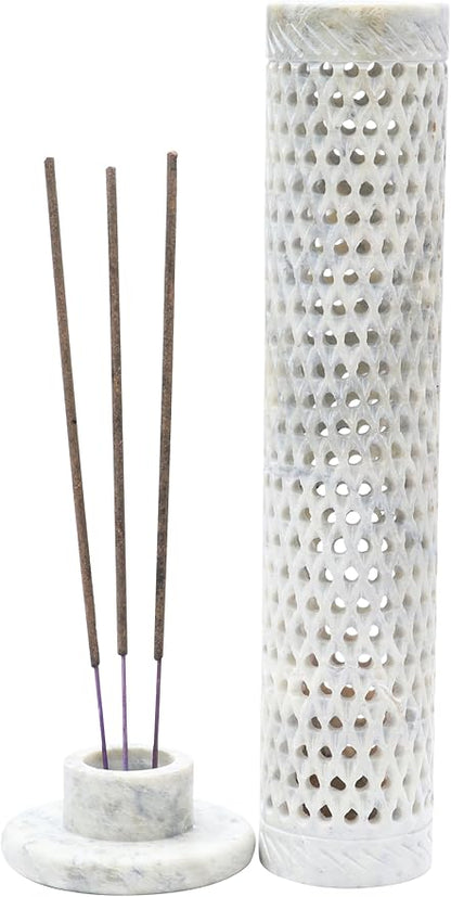 Crocon Handmade Blue Marble Soapstone Incense Stick Round Shape Elephant & Leaf Design Tower Burner | Tea Light Candle Holder | Decorative Home & Kitchen Best Gift Size - (2.7x2.7x10 Inch)