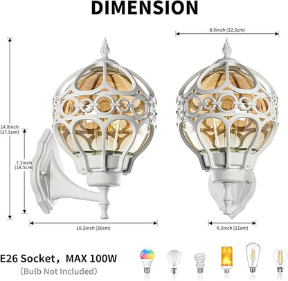 Globe Outdoor Wall Lights for Porch Patio Garage, White Aluminum Outdoor Light Fixtures Wall Mount, Sphere Waterproof Outside Wall Sconces Exterior House Lantern Lighting with Amber Glass, 2 Pack