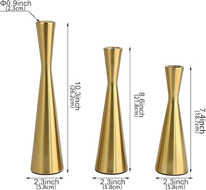 Vixdonos Brass Gold Taper Candle Holders Metal Candlestick Holders Set of 3 Table Mantel Decorative Candle Stand for Dinning,Party，Wedding,Home Decor(Brass Gold)