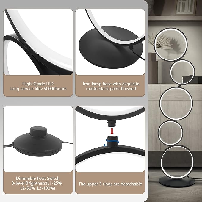 LED Modern Floor Lamp for Bedroom, 3 Way Bright Dimmable Corner Floor lamp with 5-Ring 2-in-1 Standing Tall End Table Lamp for Living Room & Office Reading Light, 3260LM, 6000K, Black.