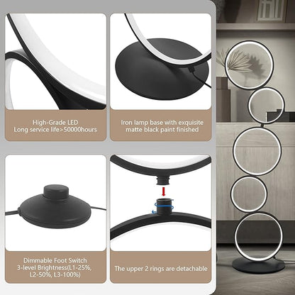 LED Modern Floor Lamp for Bedroom, 3 Way Bright Dimmable Corner Floor lamp with 5-Ring 2-in-1 Standing Tall End Table Lamp for Living Room & Office Reading Light, 3260LM, 6000K, Black.