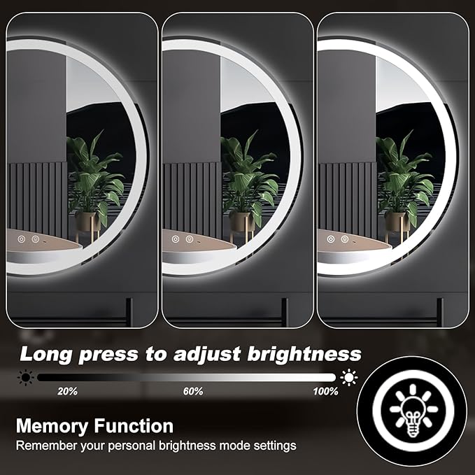 Sweetcrispy 28 Inch Round LED Bathroom Mirror with Lights, Circle Vanity Mirror with Anti-Fog, Dimmable, 3-Color Light, Memory Function, Tempered Glass