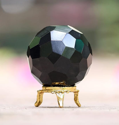 Crocon 50mm Black Tourmaline Diamond Cut Stone Sphere Ball with Metal Stand 1400+ Carats Gemstone Ball Healing Ornament Rock Sphere Sculpture Figurine for Fengshui Divination Crystal
