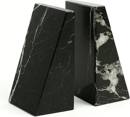 Bey-Berk Whitney Zebra Marble Bookends (Black, Set of 2), 4" x 2.5" x 6" Heavy Wedge Book Ends for Desk, Shelf, or Office