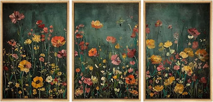 MUDECOR Framed Wall Art Print Set Vintage Wildflower Meadow with Colorful Blooms Illustrations Modern Art Boho Decorative Colorful Chic for Living Room, Bedroom, Office - 16"x24"x3 Natural