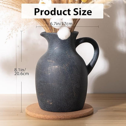 Ceramic Rustic Vase with Handle, Decorative Jug Pitcher, Terracotta Stone Vase for Decor Living Room, Vintage Home Decor, Black