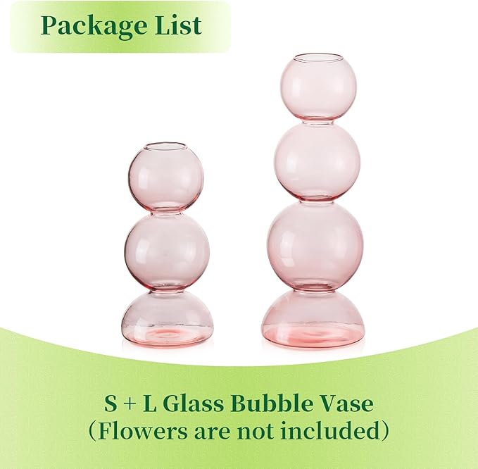 Glass Bubble Vases for Flowers, Hewory 2pcs Pink Unique Cute Single Flower Vase for Centerpieces, Funky Aesthetic Vase Skinny Bud Vase, Cool Groovy Decor for Home Living Room Bedroom Office Tabletop