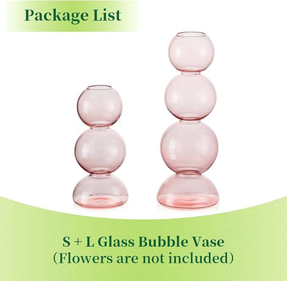 Glass Bubble Vases for Flowers, Hewory 2pcs Pink Unique Cute Single Flower Vase for Centerpieces, Funky Aesthetic Vase Skinny Bud Vase, Cool Groovy Decor for Home Living Room Bedroom Office Tabletop