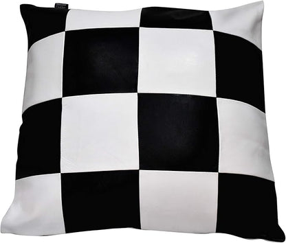 D DOLLY LAMB Lambskin Leather Pillow Cover - Sofa Cushion Case - Decorative Throw Covers for Living Room & Bedroom, 16x16 Inches - Check White & Black Pack of 2