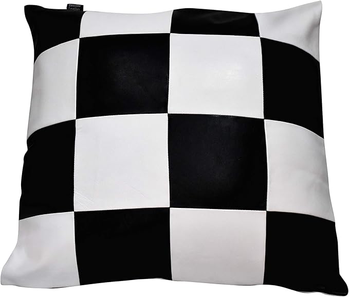 D DOLLY LAMB Lambskin Leather Pillow Cover - Sofa Cushion Case - Decorative Throw Covers for Living Room & Bedroom, 18x18 Inches - Check White & Black Pack of 2