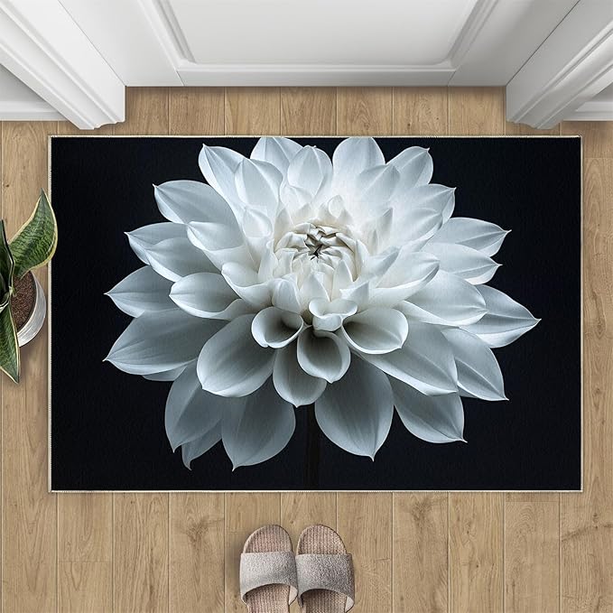 Petals Washable Area Rugs 5x7 Non-Slip Dahlia Living Room Rug White Flower Soft for Carpet Low Pile Indoor Door Mat & Room Decor