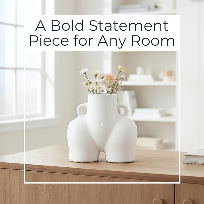 Sagebrook Home Modern Glam Decorative Vase - Unique Body Shape Design - Stoneware Ceramic - Stylish Home & Office Accent - Perfect for Living Room, Bedroom, or Desk - 6" White