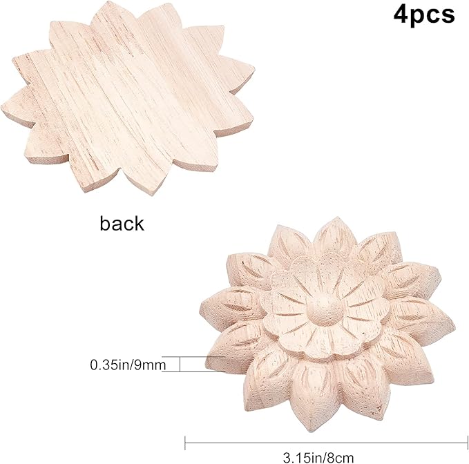 GORGECRAFT 4PCS Wooden Carved Onlay Appliques Flower Carving Decal Corner Craft Unpainted Furniture Home Decoration Wood Carving Decal for Dresser Bed Door Cabinet Wardrobe Ceiling 3.15"x3.15"
