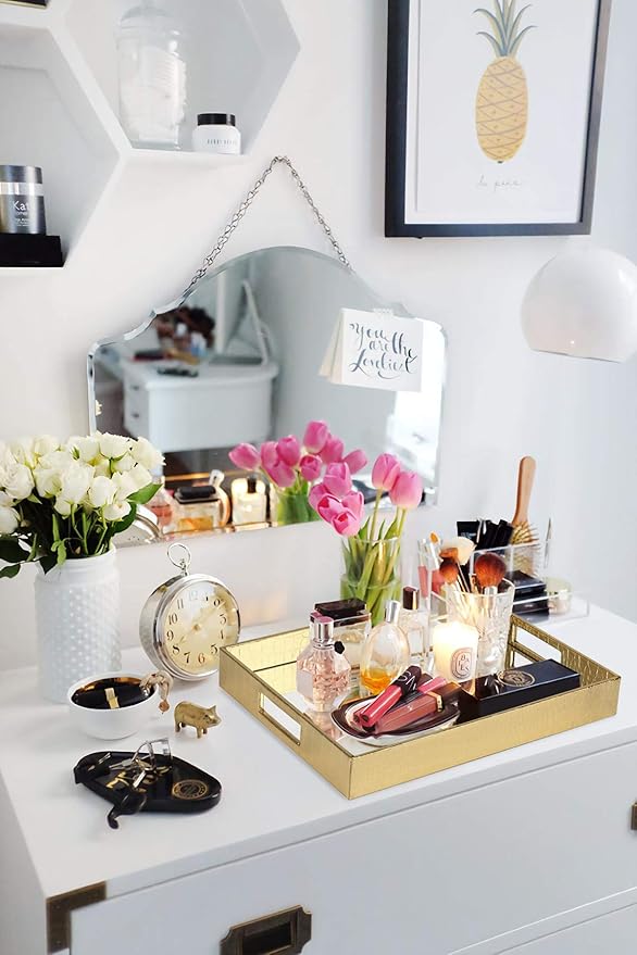 Vixdonos Decorative Mirror Tray Gold Serving Tray Bathrooom Vanity Tray,16.2'' X 12.2" X 2''