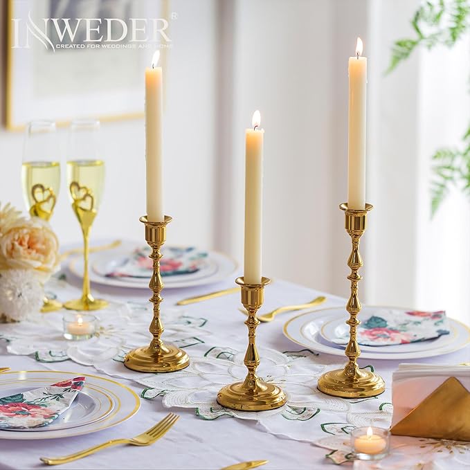 Brass Candlestick Holders Vintage: Gold Taper Candle Holder Metal Candle Sticks Holder Antique Decoration for Dinning Table Mantel Wedding Centerpieces Christmas Party Set of 3