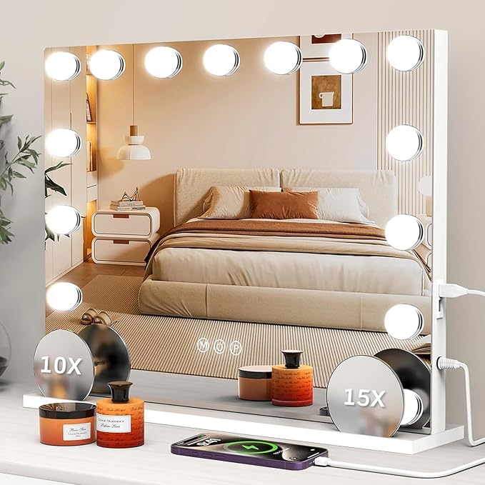 VESAUR Hollywood Vanity Mirror with Lights, Large Lighted Makeup Mirror with 15 Touch Dimmable LED Bulbs, 3 Colors,10X/15X Magnification, USB/Type-C Charging Port, Aluminum Frame, Tabletop/Wall Mount