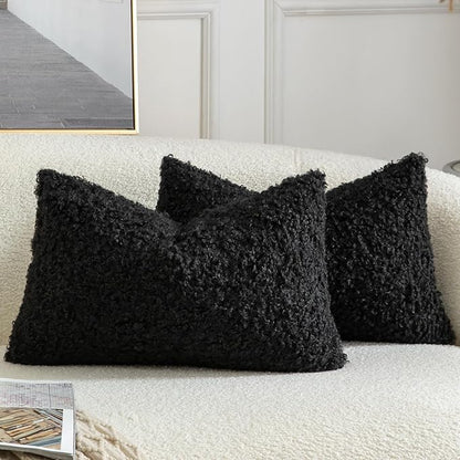 Yaertun Pack of 2 Faux Fur Throw Pillow Covers Decorative Sherpa Boucle Pillow Covers Fuzzy Soft Pillowcases Sheepskin Fleece Cushion Case for Couch Sofa Bed Living Room 12x20 Inch Black