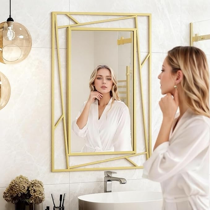 Brushed Gold Bathroom Mirror, 28''X20'' Rectangular Wall Mirrors with Geometric Metal Frame for Bathroom Bedroom Living Room, Hang Horizontally or Vertically