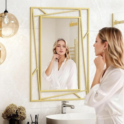 Brushed Gold Bathroom Mirror, 28''X20'' Rectangular Wall Mirrors with Geometric Metal Frame for Bathroom Bedroom Living Room, Hang Horizontally or Vertically