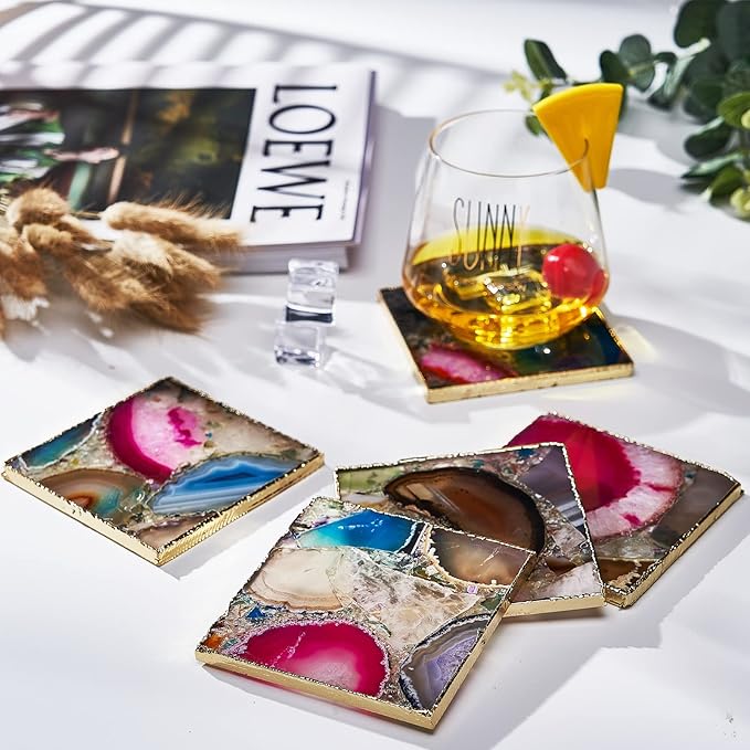 Agate Square Coasters Set of 4, Rainbow Crystal Coasters with Gold Edge for Home Decor