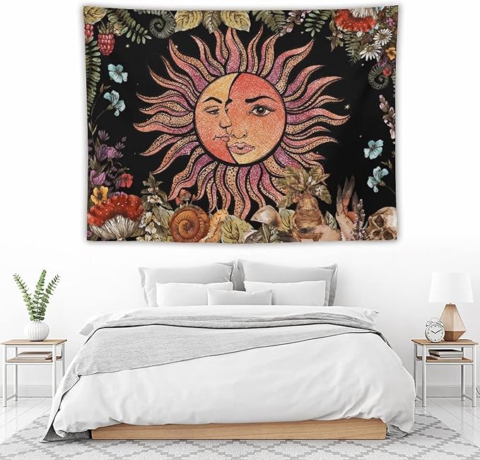 Vintage Sun Tapestry,Boho Hippie Mushroom Plant Botanical Sun and Moon Art Tapestries Wall Hanging for Dorm Living Room Bedroom Decor(60"x80")