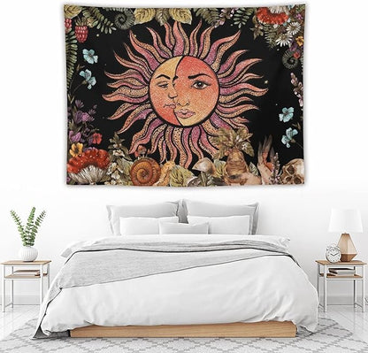Vintage Sun Tapestry,Boho Hippie Mushroom Plant Botanical Sun and Moon Art Tapestries Wall Hanging for Dorm Living Room Bedroom Decor(60"x80")