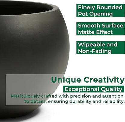 Fiberstone Sphere Planter, Black 15.8" Dia Round Flower Pot with Drainage Hole and Removable Plug, Round Plant Pot for Indoor Outdoor Use, 11.8" Opening-10.9" H, Medium
