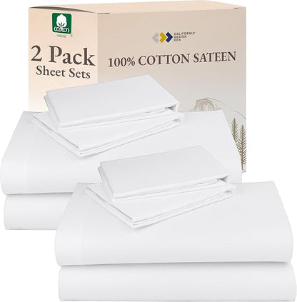 California Design Den 100% Cotton 2-Pack Sheets for King Size Bed, Soft & Durable King Size Deep Pocket Sheet Sets, King Sheet Set with Sateen Sheets (White)