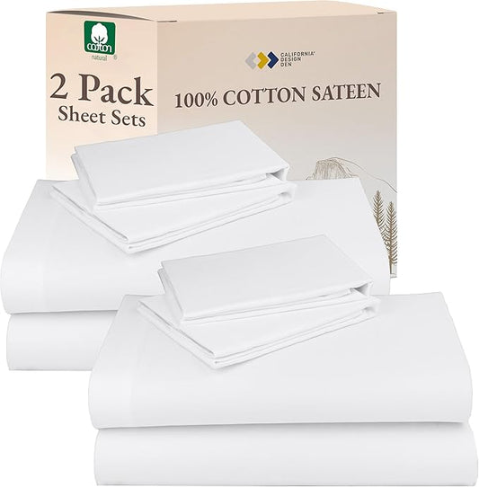 California Design Den 100% Cotton 2-Pack Sheets for King Size Bed, Soft & Durable King Size Deep Pocket Sheet Sets, King Sheet Set with Sateen Sheets (White)
