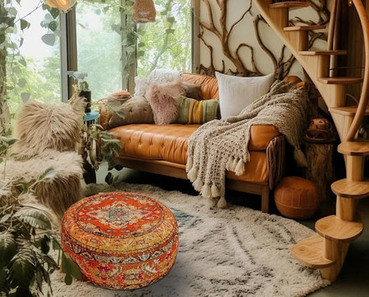 Colorful Pouf Cover Orange Round Orange Floor Pillow Seating Area Stool Boho Room Décor Accent Furniture Perfect for Living Room, Bedroom, Nursary or Children Room Cotton 24x8 Unstuffed