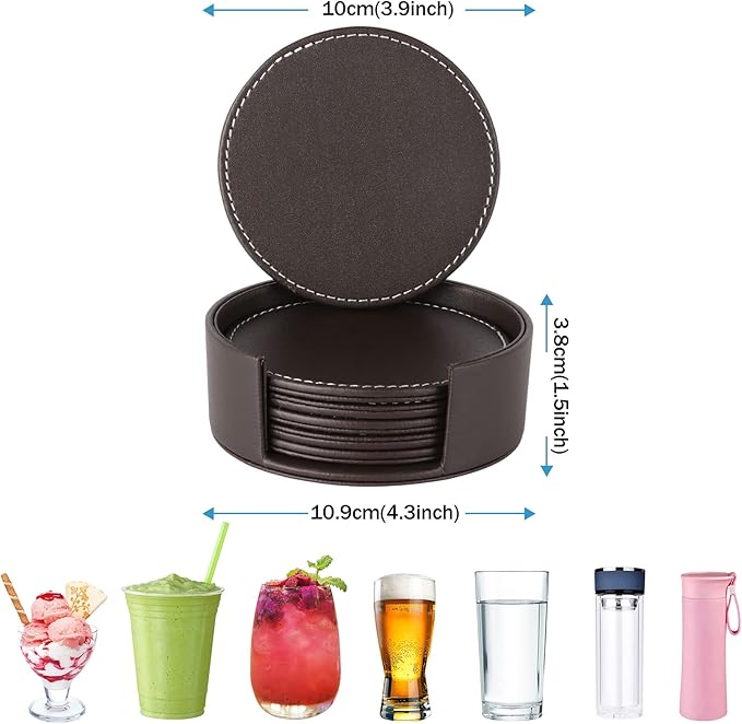 Leather Coasters for Drinks(6 Pack), Handmade Durable Drink Coasters Set with Holder for Tabletop Protection, Luxurious Home Décor and Housewarming Gift (Brown)