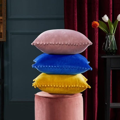 Deconovo Velvet Throw Pillow Covers, Set of 2, 26” x 26” Blue, Soft Square Pom-poms with Hidden Zipper Cover for Sofa Couch Car