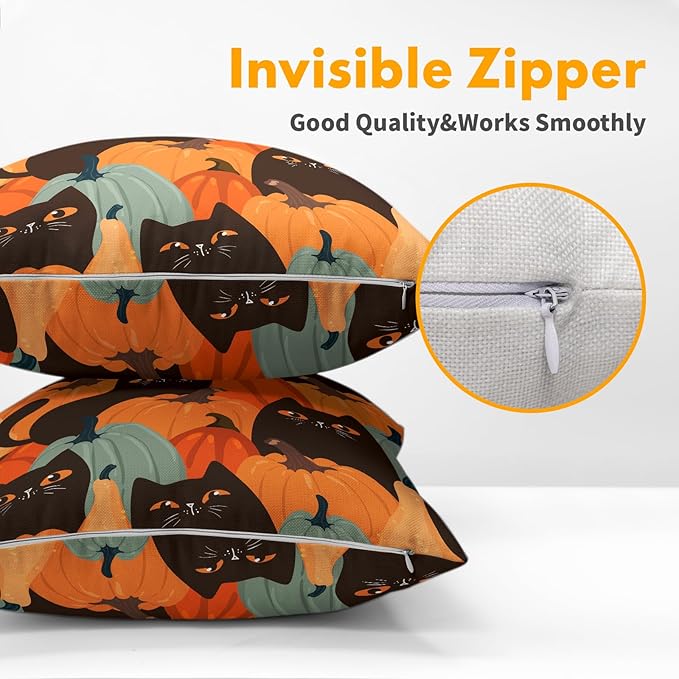 Halloween Pumpkin Fall Pillow Covers 22x22 Set of 2 Burnt Orange Cute Black Cat Print Decorative Autumn Outdoor Pillowcases with Zipper Farmhouse Holiday Throw Cushion Case Decor for Couch Sofa Bed