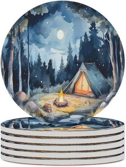 Round-6PCS Forest Ceramic Coasters, Round Absorbent Drink Coasters, Watercolor Mountain Forest Nature Tree Woodland Camping Ceramic Table Coasters for Coffee, Beverage, Wine, Beer Coasters
