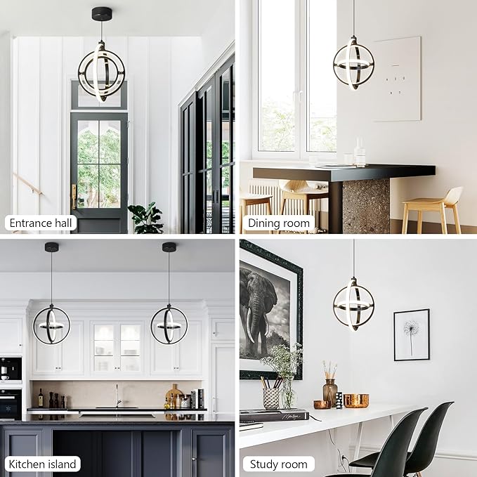 Modern LED Pendant Light Black Pendant Lights 4000K Dimmable External Glow Height Adjustable Pendant Lighting for Kitchen Island Dining Room Bedroom Living Room Foyer（3-Ring）
