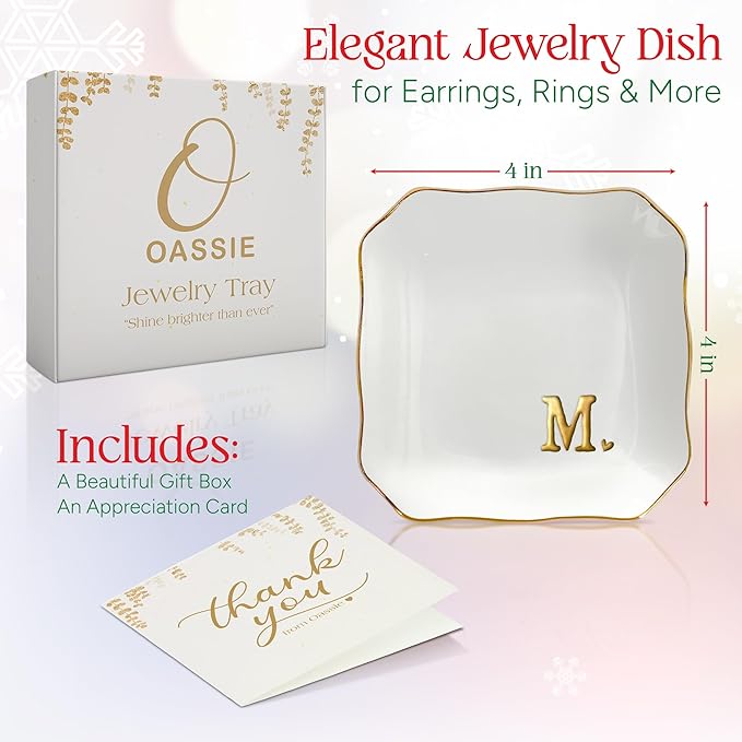 OASSIE Valentines Day Gifts for Her - 4"x4" Initials Ceramic Jewelry Dish Tray Letter M - Engagement Gift for Couples, Wedding Bridal Shower Gift for Bride, Monogrammed Gifts for Women Friends Mom